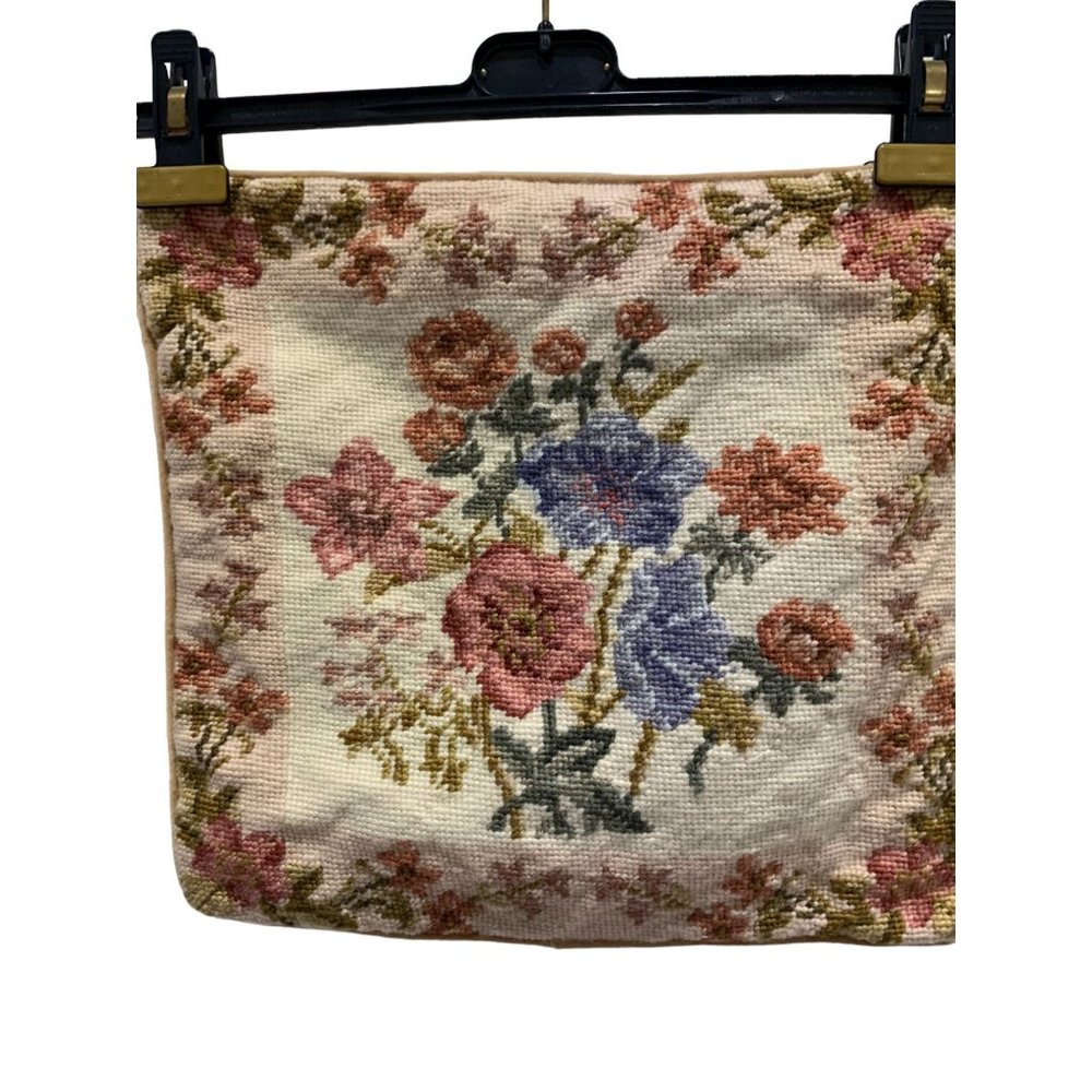 Vtg handmade wool Needlepoint Pillow Cover Imperial Elegance cottage floral 13"